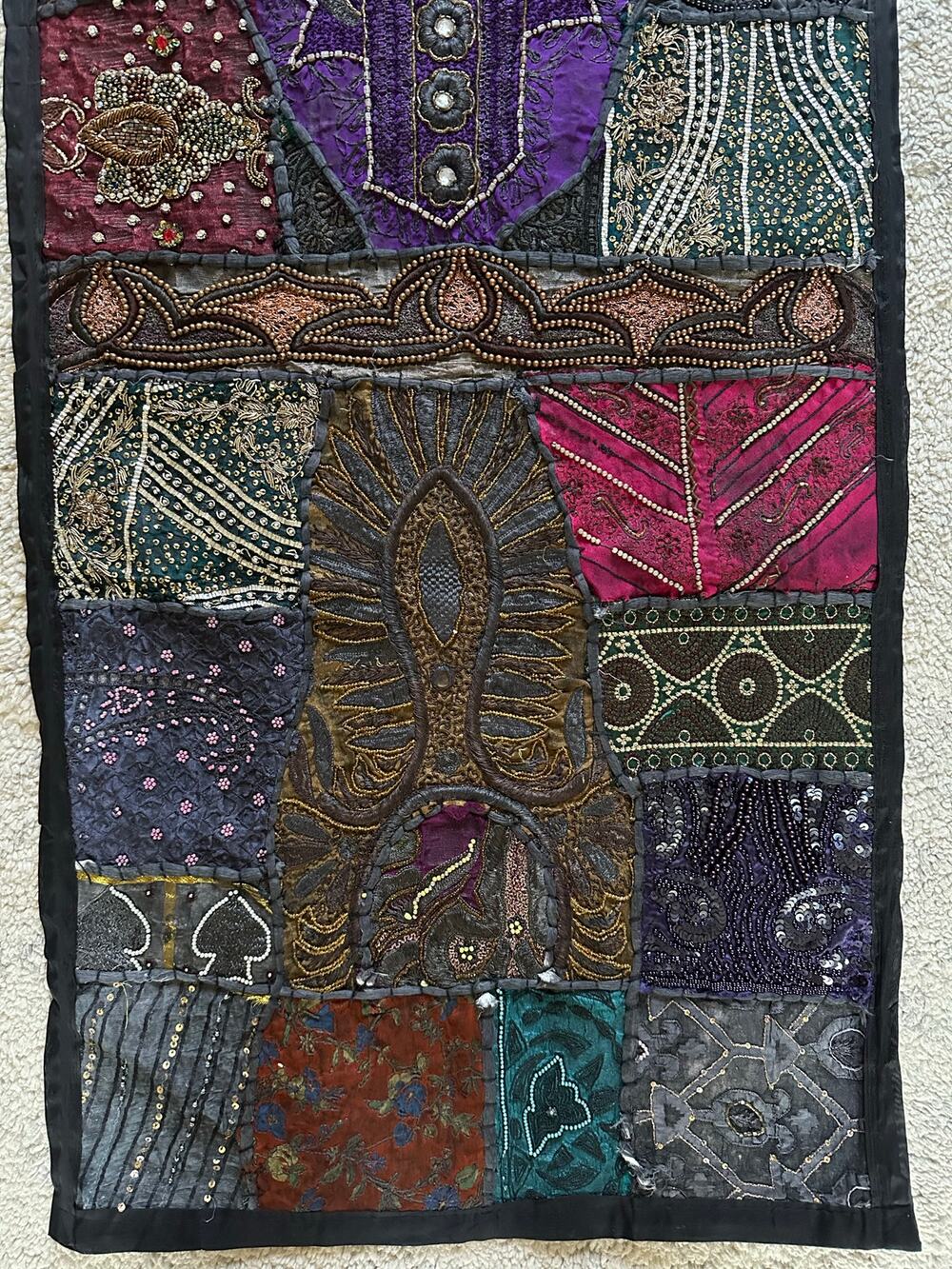 Vintage beaded tapestry wall hanging vertical dark beaded ethnic bohemian 20x60”